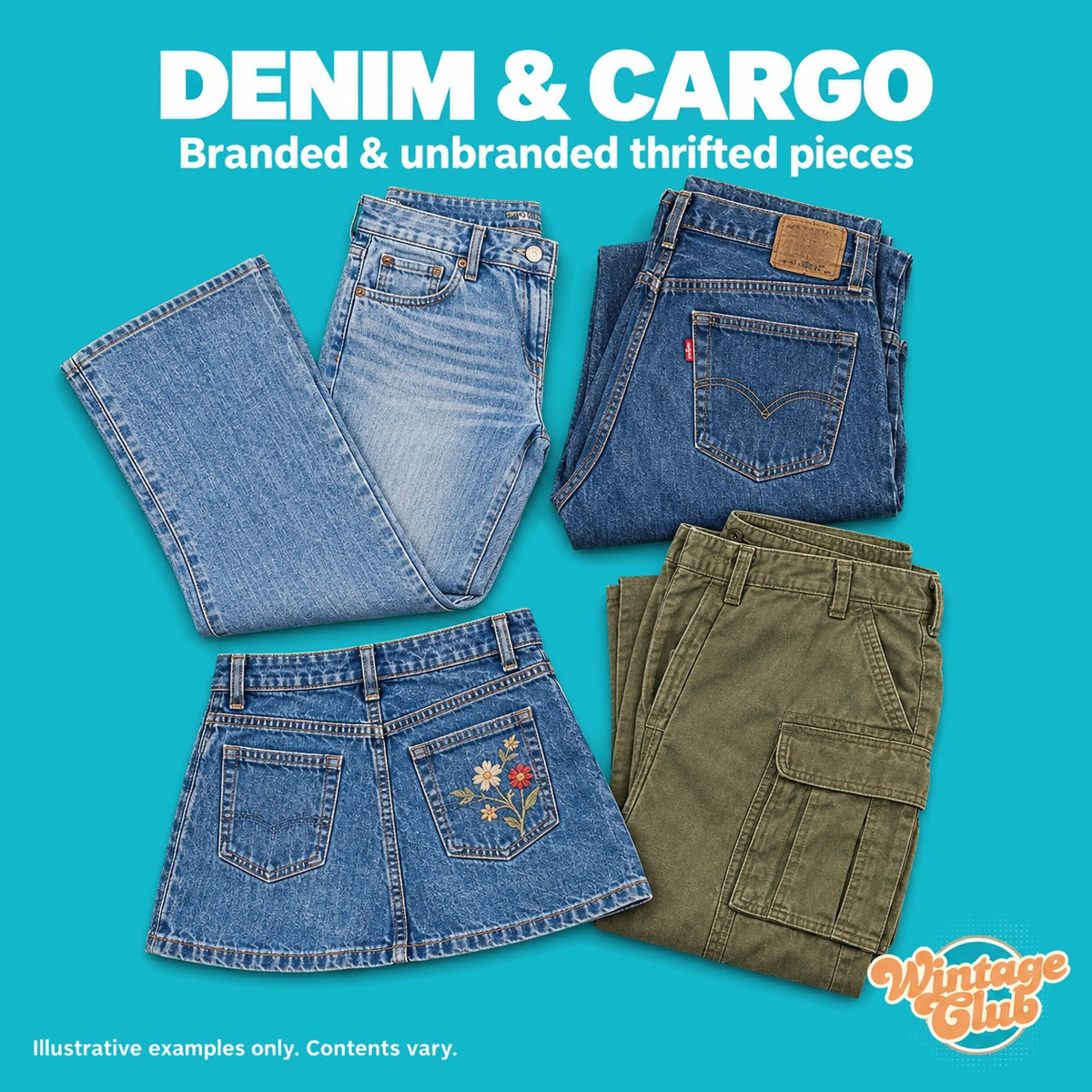 Box Abiti Vintage Y2K — denim e cargo: jeans a zampa, jeans dritti, minigonna in denim e pantaloni cargo