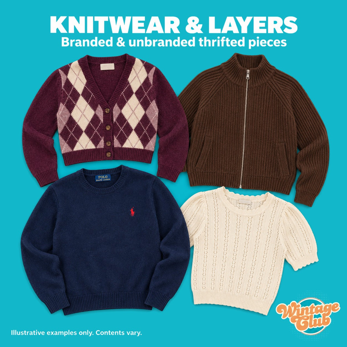 Box Abiti Vintage Y2K — maglieria e strati: cardigan argyle, maglione con zip, maglione girocollo e maglia leggera