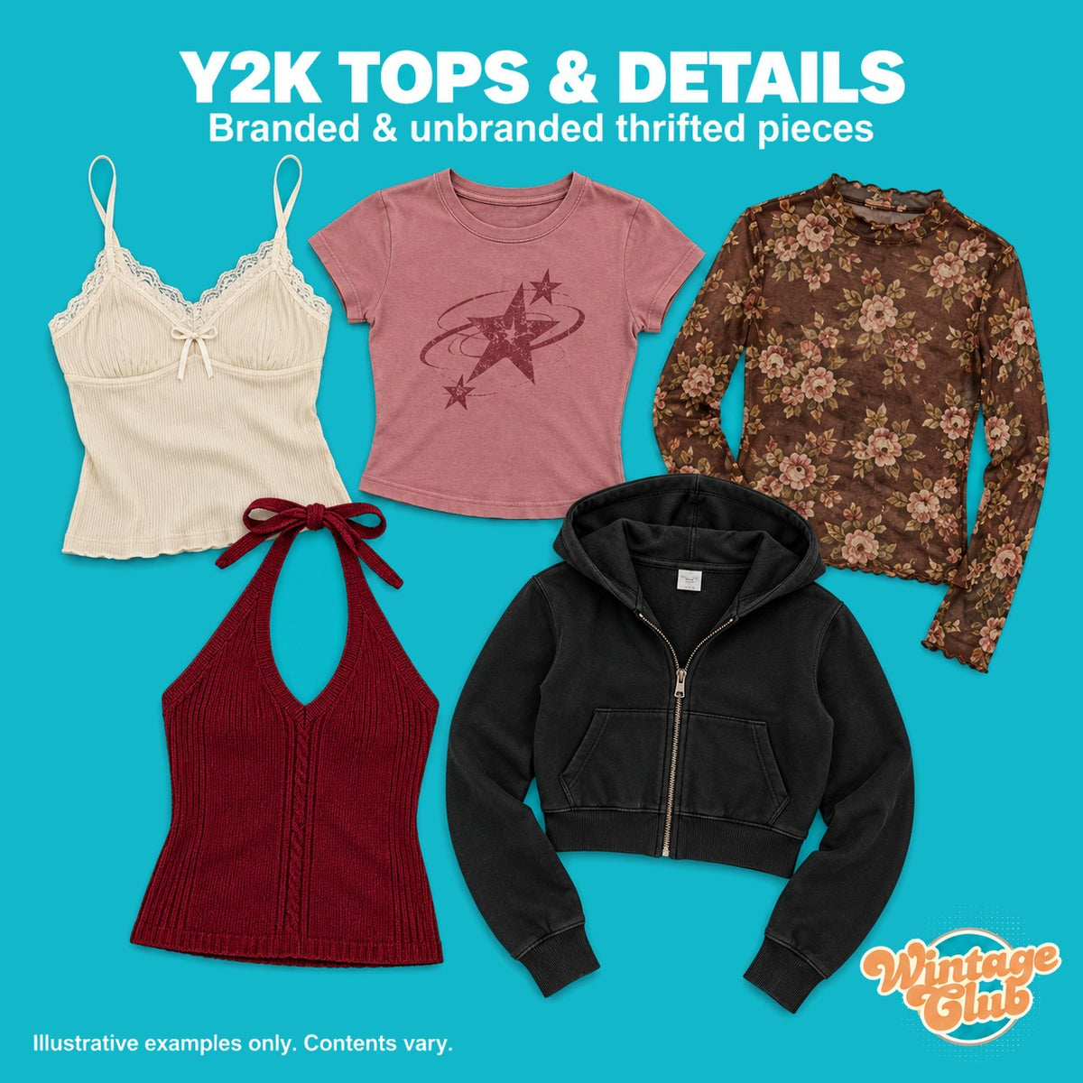 Box Abiti Vintage Y2K — top anni 2000: canotta in pizzo, baby tee con stampa, top in mesh floreale, top all'americana e felpa corta con zip