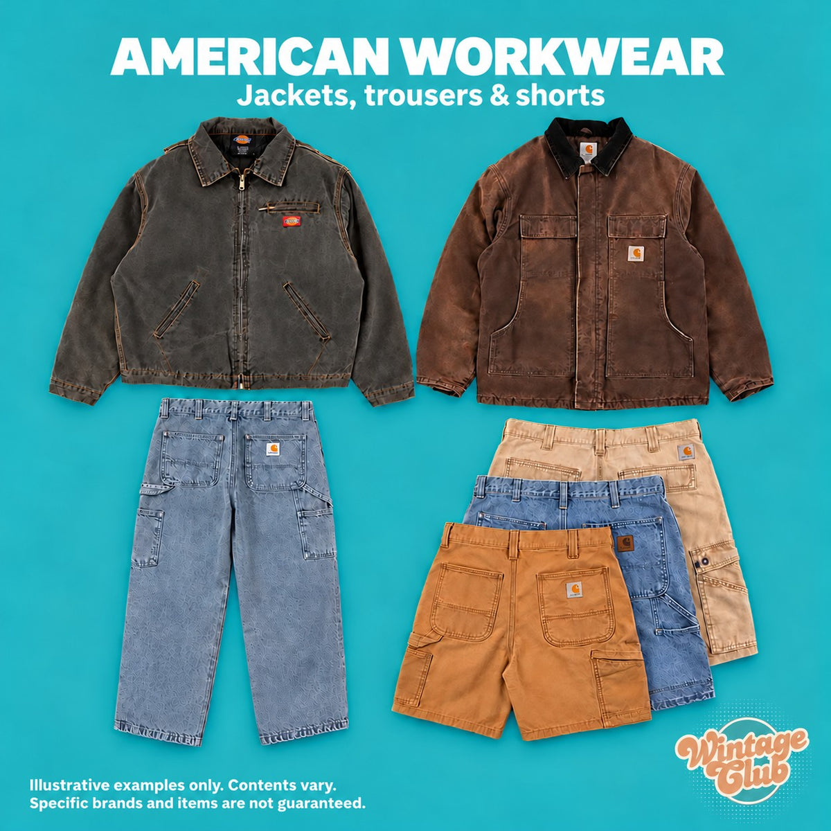 Box Americana — workwear americano: giacche da lavoro, pantaloni in denim e shorts assortiti (esempi illustrativi)