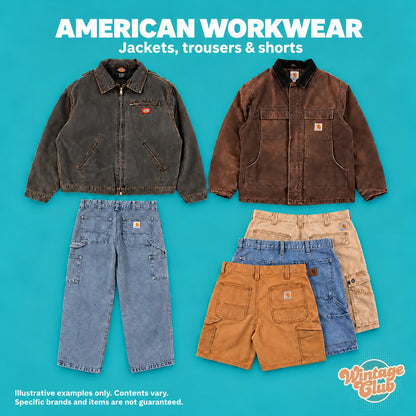 Box Americana — workwear americano: giacche da lavoro, pantaloni in denim e shorts assortiti (esempi illustrativi)