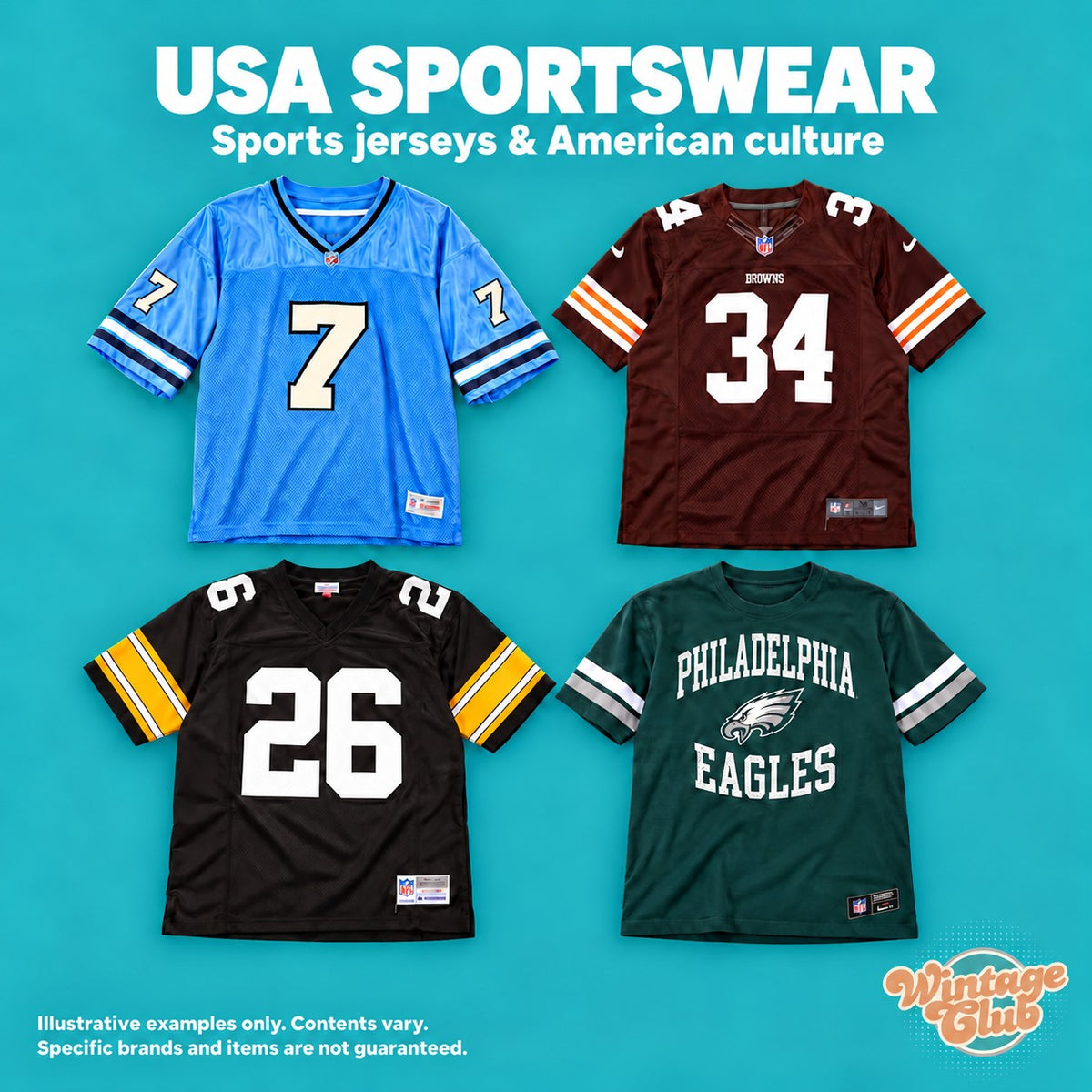 Box Americana — sportivo USA: maglie da football e t-shirt di squadre americane (esempi illustrativi, squadre non garantite)