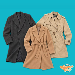 KiloBox Cappotti & Trench Vintage al kg — esempi di cappotti in lana e trench second hand selezionati a mano (capi indicativi, il contenuto varia)