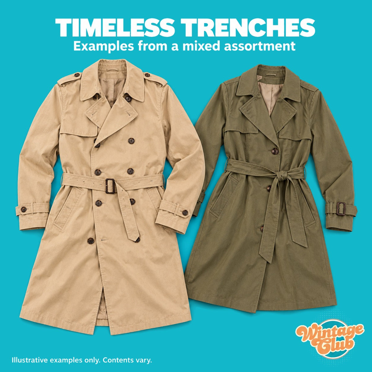 Trench classici vintage — esempi di trench beige e verde militare nella KiloBox Cappotti & Trench (contenuto indicativo)