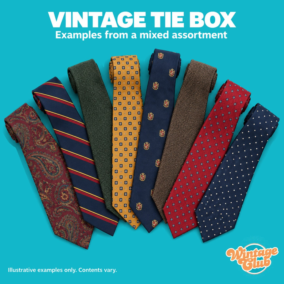 KiloBox Cravatte Vintage — esempio di assortimento misto: paisley, regimental, lana, stemmi e pois (esempi illustrativi)