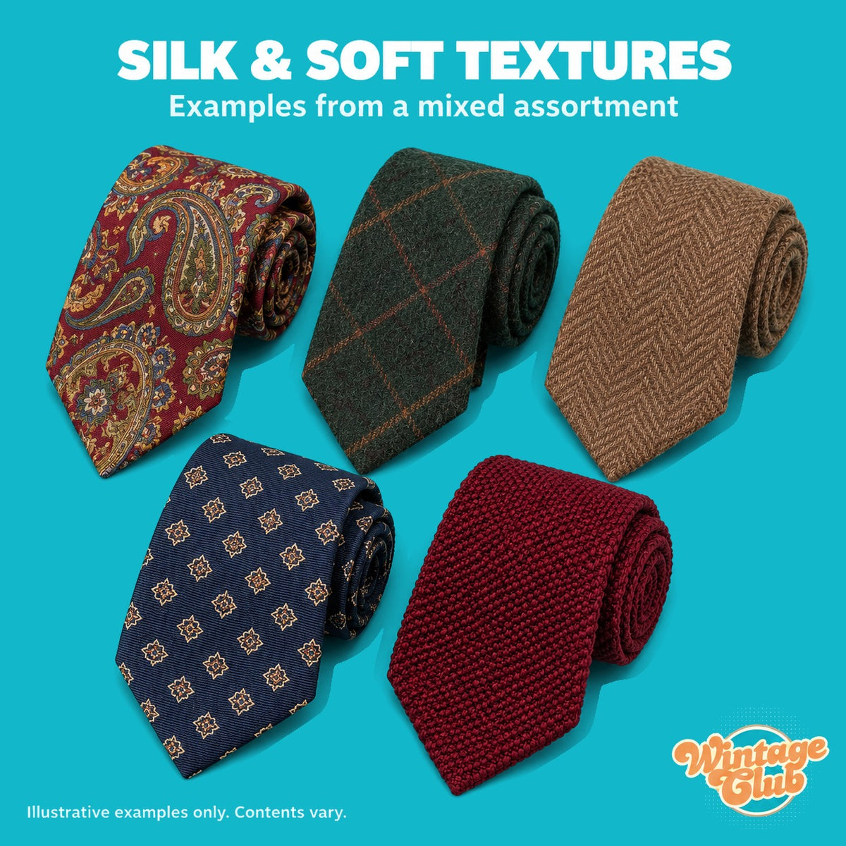 KiloBox Cravatte Vintage — seta e tessuti morbidi: paisley, tweed, spigato, maglia e fantasia a medaglioni