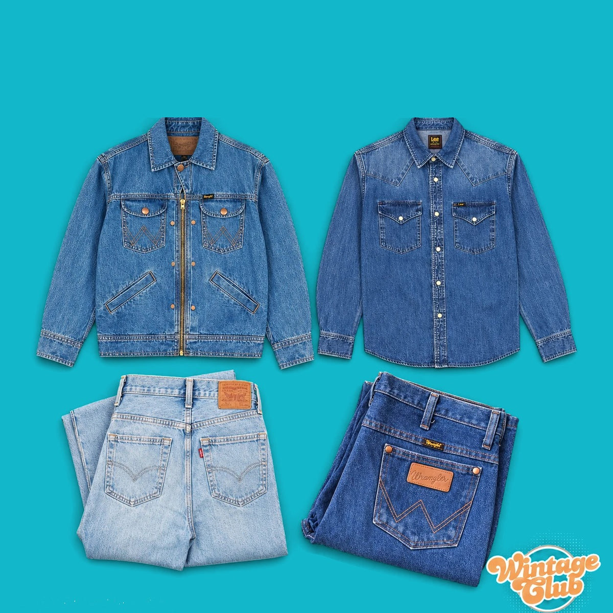 KiloBox Denim Vintage WintageClub: giacca di jeans, camicia di jeans e jeans piegati in lavaggi chiari e medi