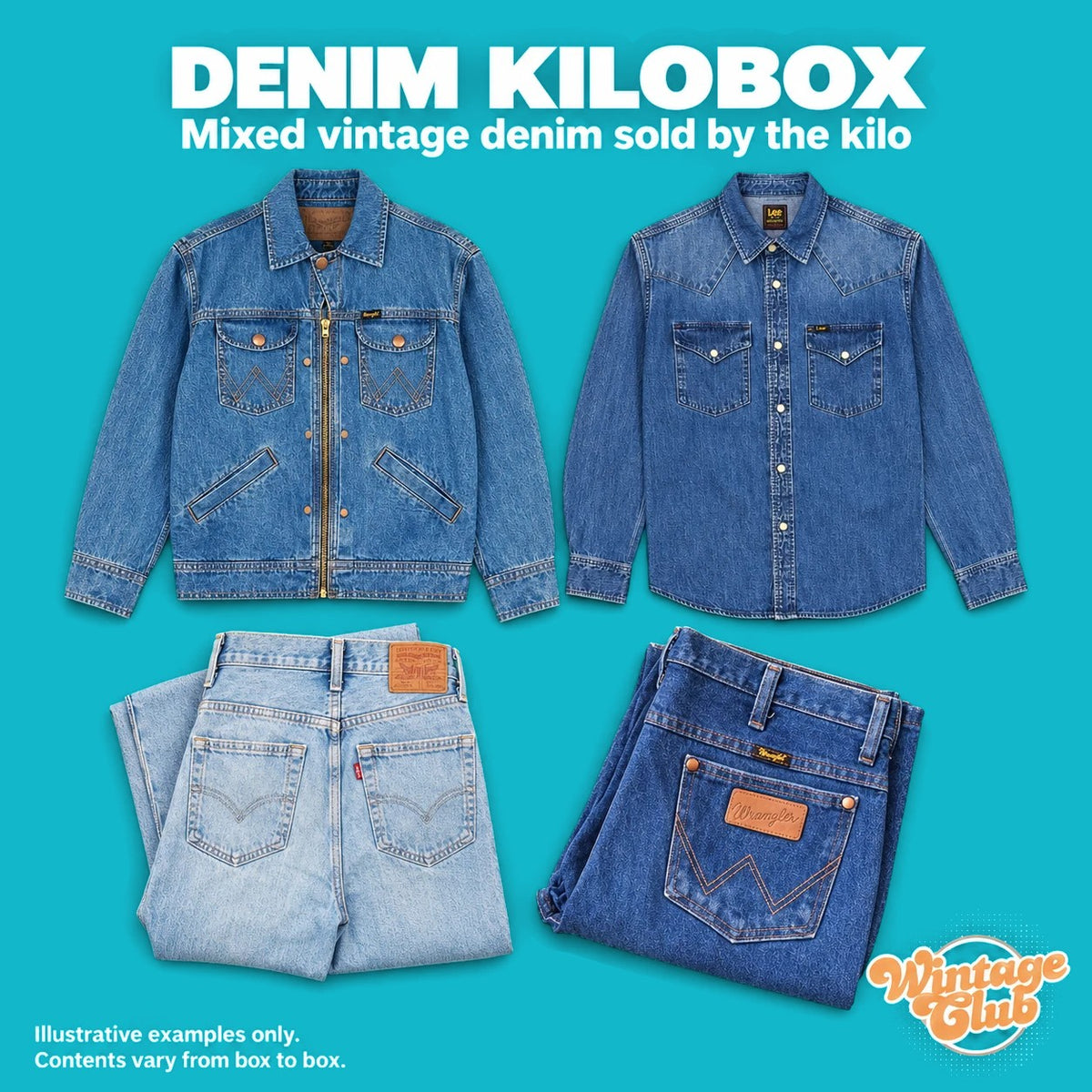 KiloBox Denim – denim vintage misto al kilo: giacca, camicia e jeans piegati in lavaggi chiari e medi