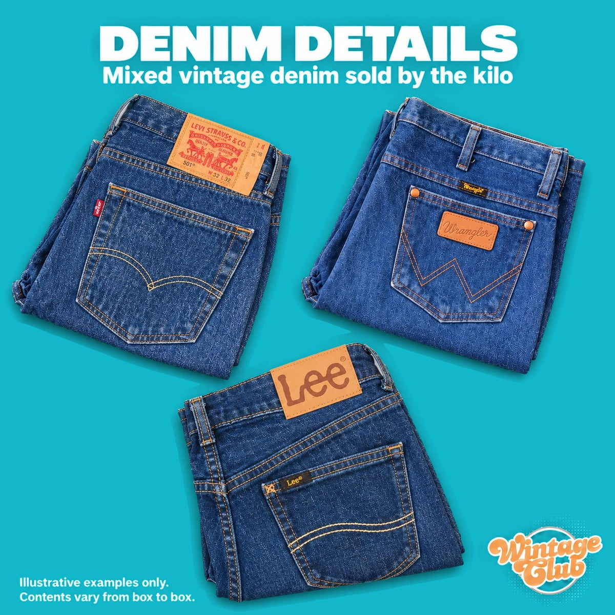 KiloBox Denim – dettagli del denim: jeans piegati con tasche posteriori, cuciture ed etichette