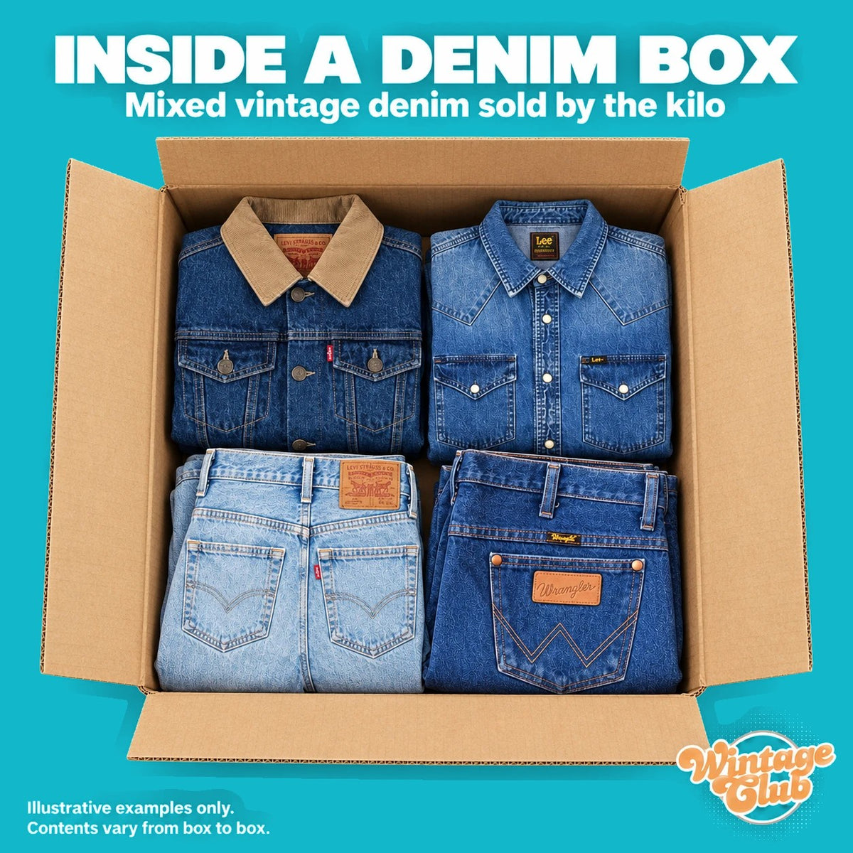 Dentro una KiloBox Denim: scatola aperta con giacca di jeans piegata, camicia e due paia di jeans