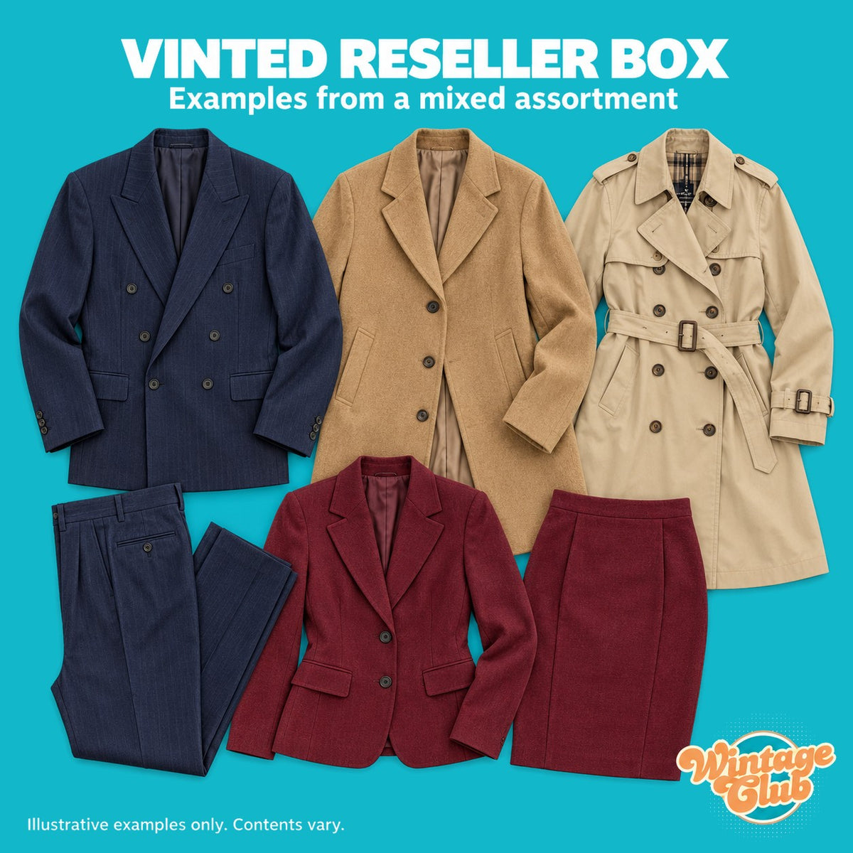 Vinted Reseller Box – esempi da un assortimento vintage formale: giacche, cappotto, trench, pantaloni e gonna