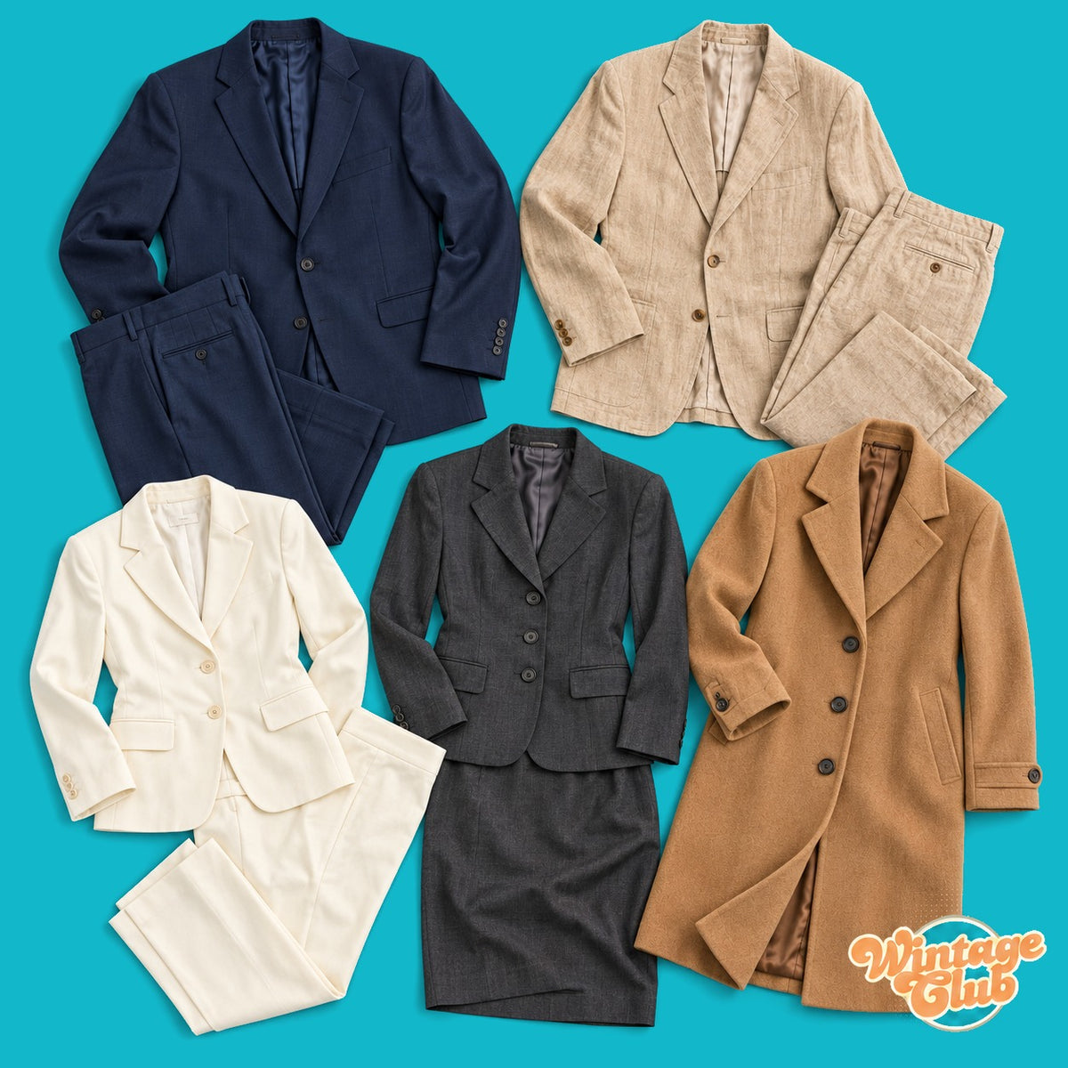 Vinted Reseller Box WintageClub — esempi di abito uomo blu in lana, completo beige in lino, tailleur avorio, tailleur grigio con gonna e cappotto cammello (capi indicativi, il contenuto varia)