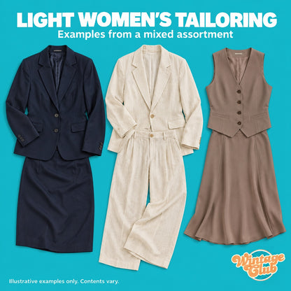 Tailleur donna leggeri — esempi di tailleur blu con gonna, completo in lino avorio e gilet con gonna taupe nella Vinted Reseller Box (contenuto indicativo)