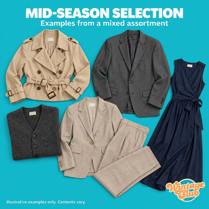 Selezione di mezza stagione — esempi di trench in cotone, cardigan in lana, blazer grigio, completo in lino e vestito blu nella Vinted Reseller Box (contenuto indicativo)