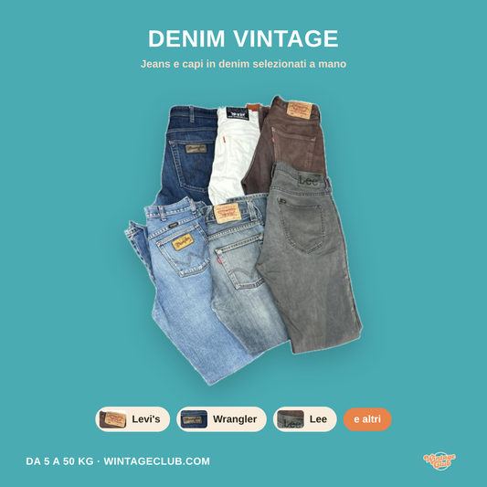 KiloBox Denim Vintage al kilo — jeans in denim selezionati a mano con etichette Levi's, Wrangler e Lee, formati da 5 a 50 kg