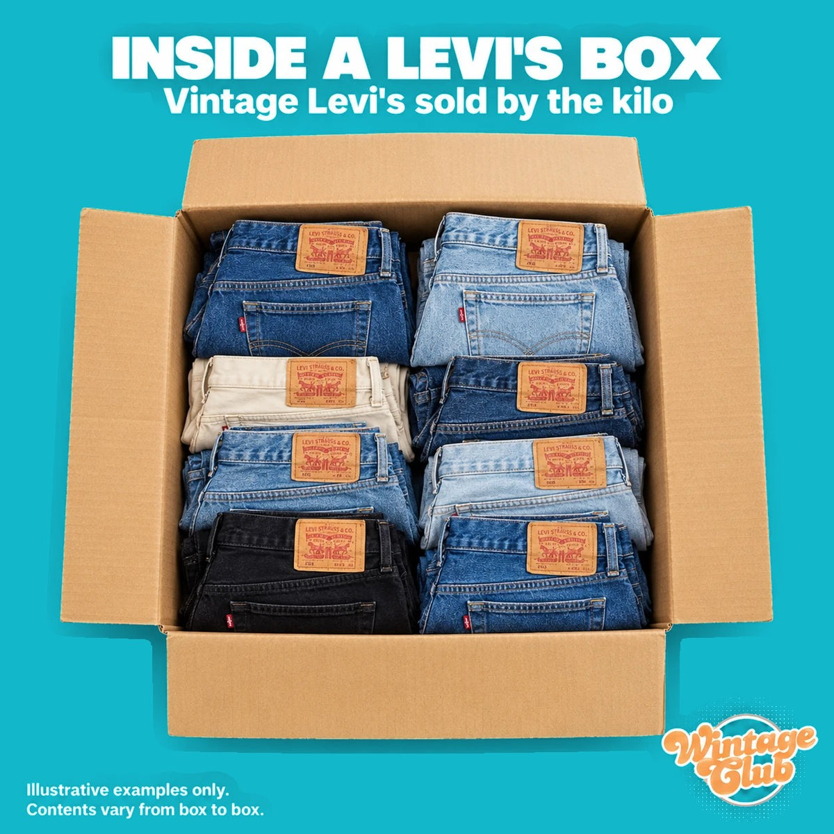 Dentro una Levi's Only Box: scatola aperta con assortimento illustrativo di jeans Levi's piegati in lavaggi misti