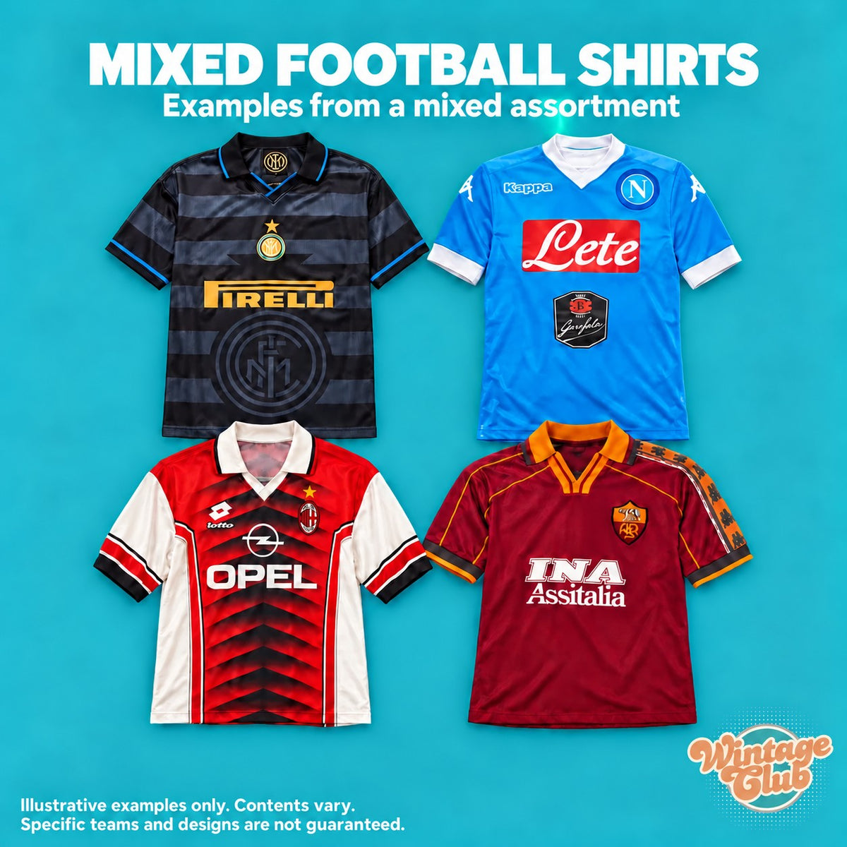 Box Maglie da Calcio — maglie miste di club italiani ed europei (esempi illustrativi)