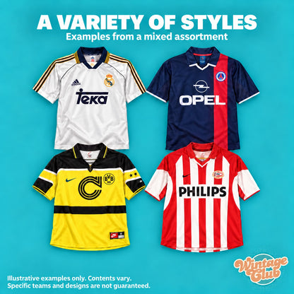 Box Maglie da Calcio — stili diversi: maglie home e away di club europei (esempi illustrativi)