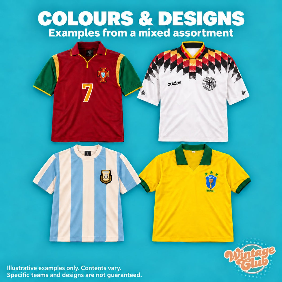 Box Maglie da Calcio — colori e design: maglie di nazionali di epoche diverse (esempi illustrativi)