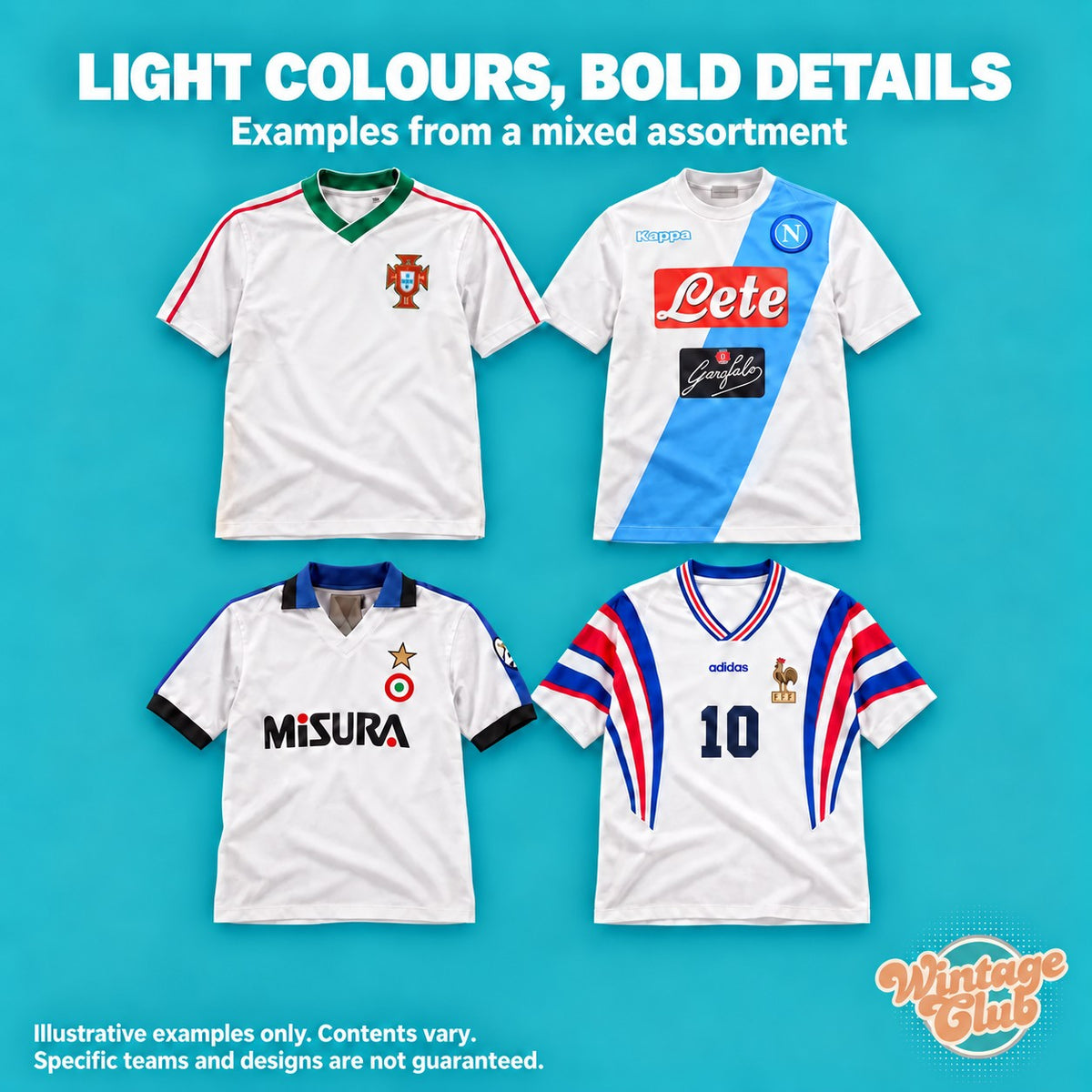 Box Maglie da Calcio — maglie chiare con dettagli a contrasto, club e nazionali (esempi illustrativi)