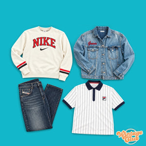 Mix Brand KiloBox WintageClub: esempio di assortimento vintage multimarca con felpa crema, giacca di jeans, jeans scuri e polo a righe