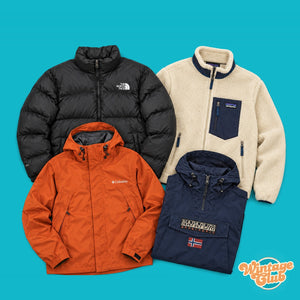 KiloBox Outdoor Vintage al kg — esempi di piumini, pile e giacche tecniche outdoor second hand selezionate a mano (capi indicativi, il contenuto varia)