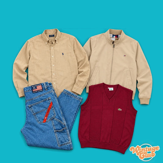KiloBox Brand Premium WintageClub: esempio di assortimento vintage premium con camicia beige, giacca bomber, jeans blu e gilet in maglia bordeaux