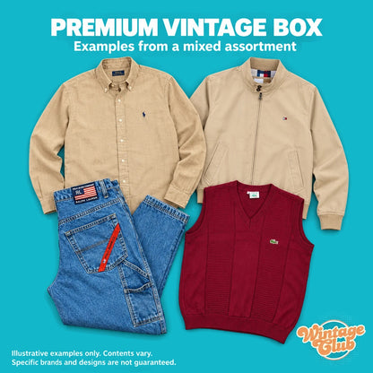 Premium Vintage Box – esempi da un assortimento misto: camicia beige, bomber, jeans blu e gilet in maglia bordeaux