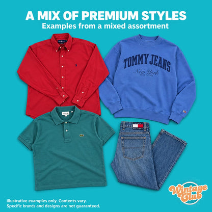 Premium Vintage Box – un mix di stili premium: camicia rossa, felpa blu, polo verde acqua e jeans