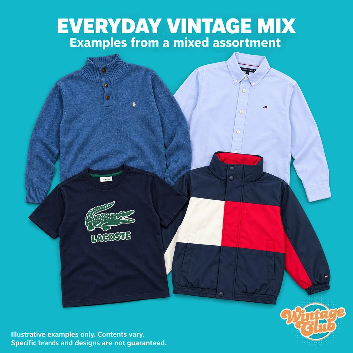 Premium Vintage Box – mix vintage di tutti i giorni: maglia blu, camicia celeste, t-shirt blu navy e giacca colorblock