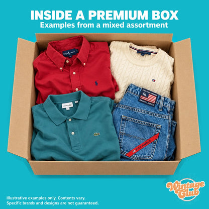 Dentro una KiloBox Brand Premium: scatola aperta con assortimento illustrativo di capi vintage premium e denim