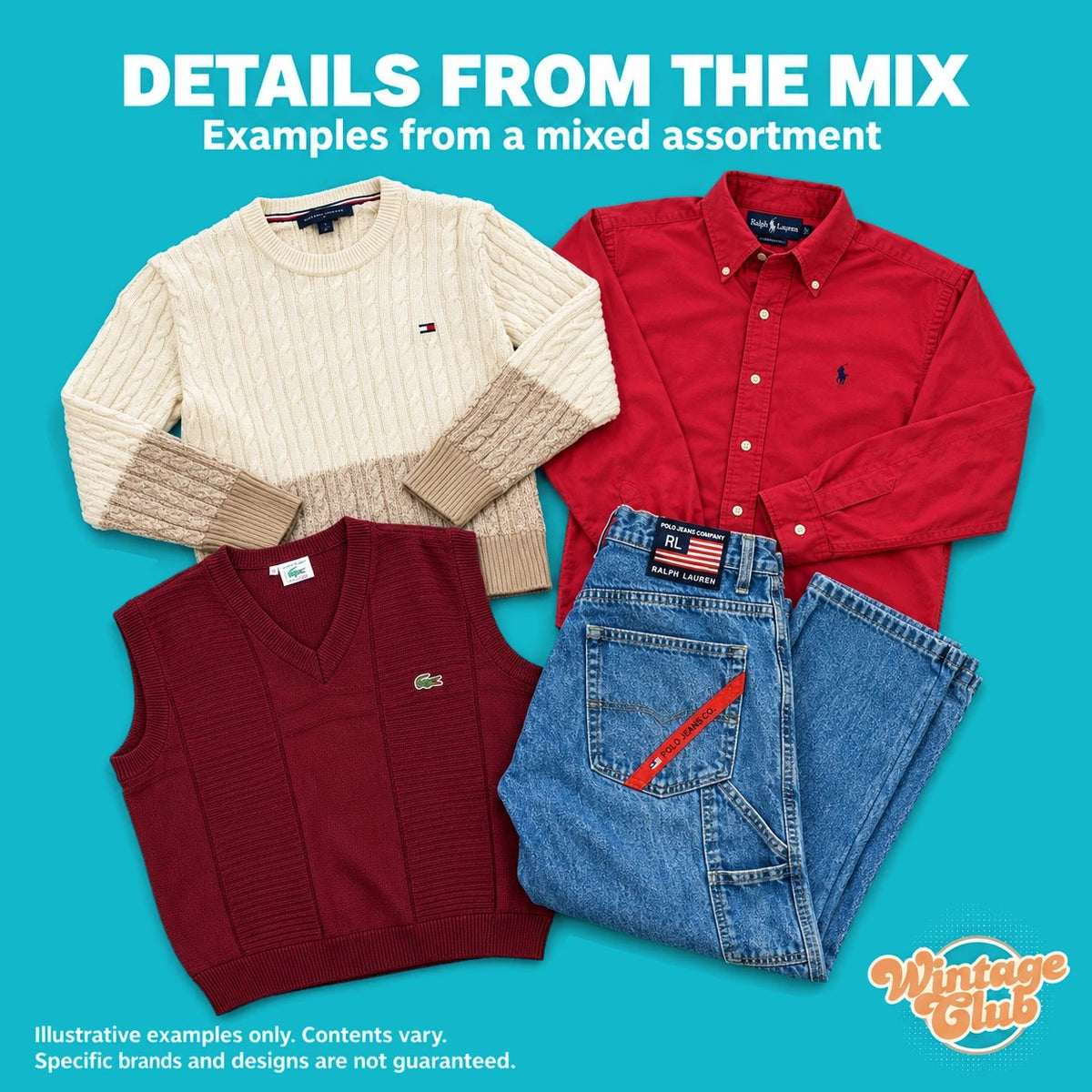 Premium Vintage Box – dettagli dal mix: maglieria, camicia, gilet e denim