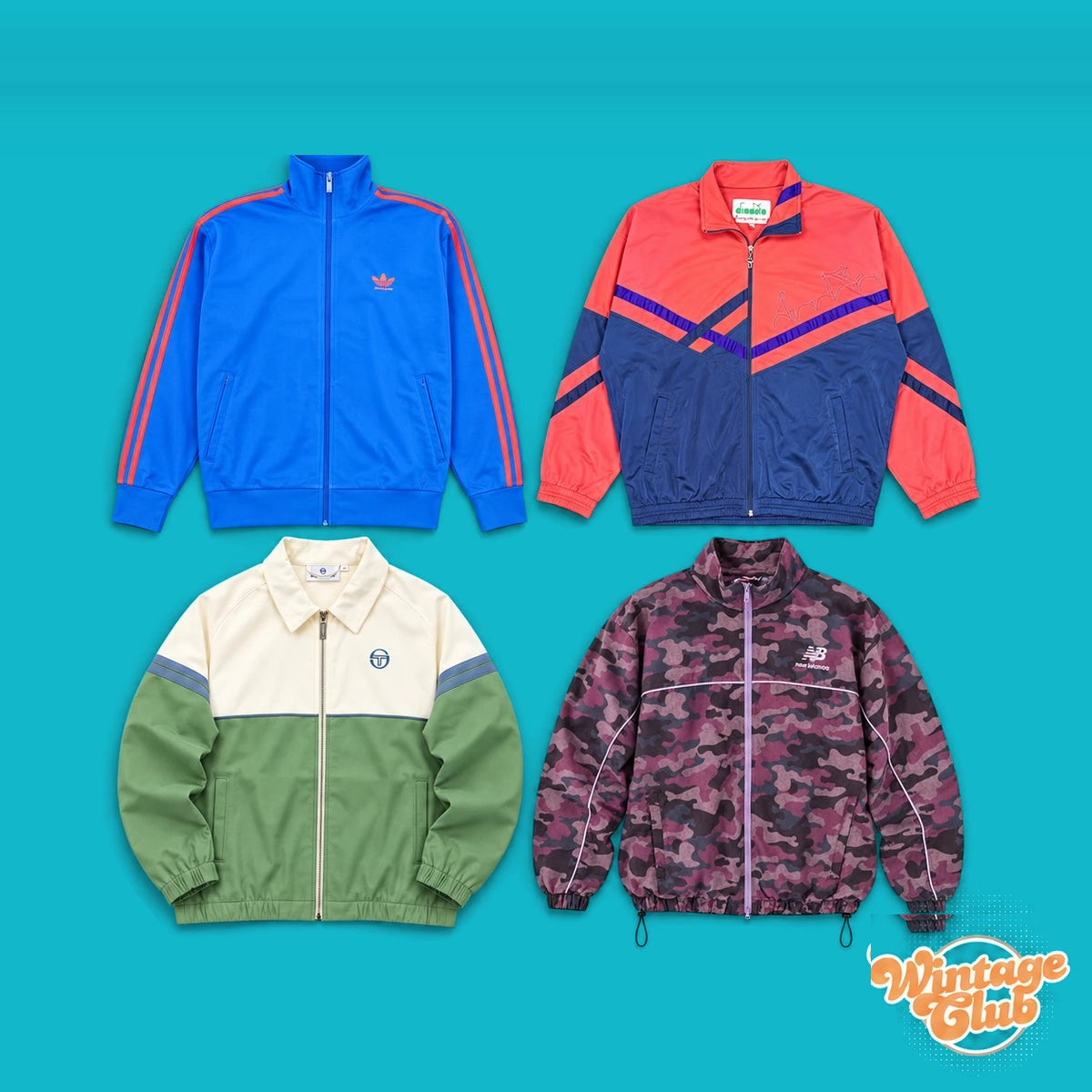 KiloBox Track Jacket Vintage al Kg WintageClub — giacche da tuta vintage in colori misti: blu, corallo, panna e verde salvia, camouflage viola