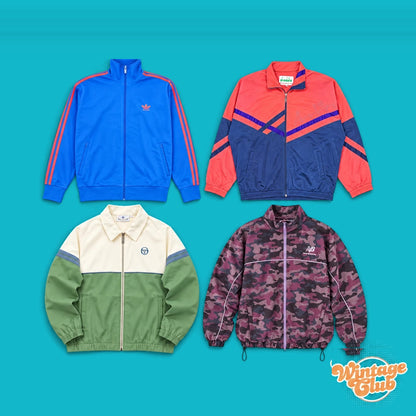 KiloBox Track Jacket Vintage al Kg WintageClub — giacche da tuta vintage in colori misti: blu, corallo, panna e verde salvia, camouflage viola