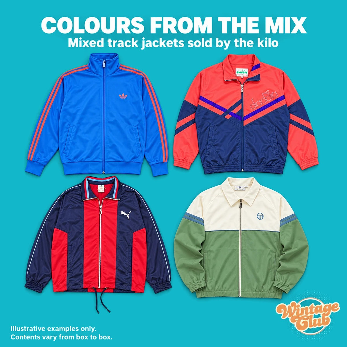 KiloBox Track Jacket Vintage — colori dal mix: blu, corallo, blu e rosso, verde salvia
