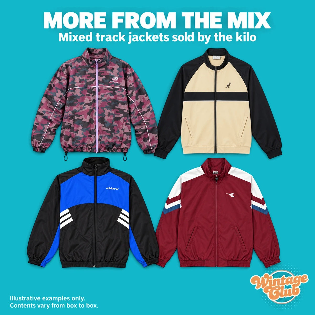 KiloBox Track Jacket Vintage — altri esempi dal mix: camouflage viola, panna e nero, blu e nero, bordeaux