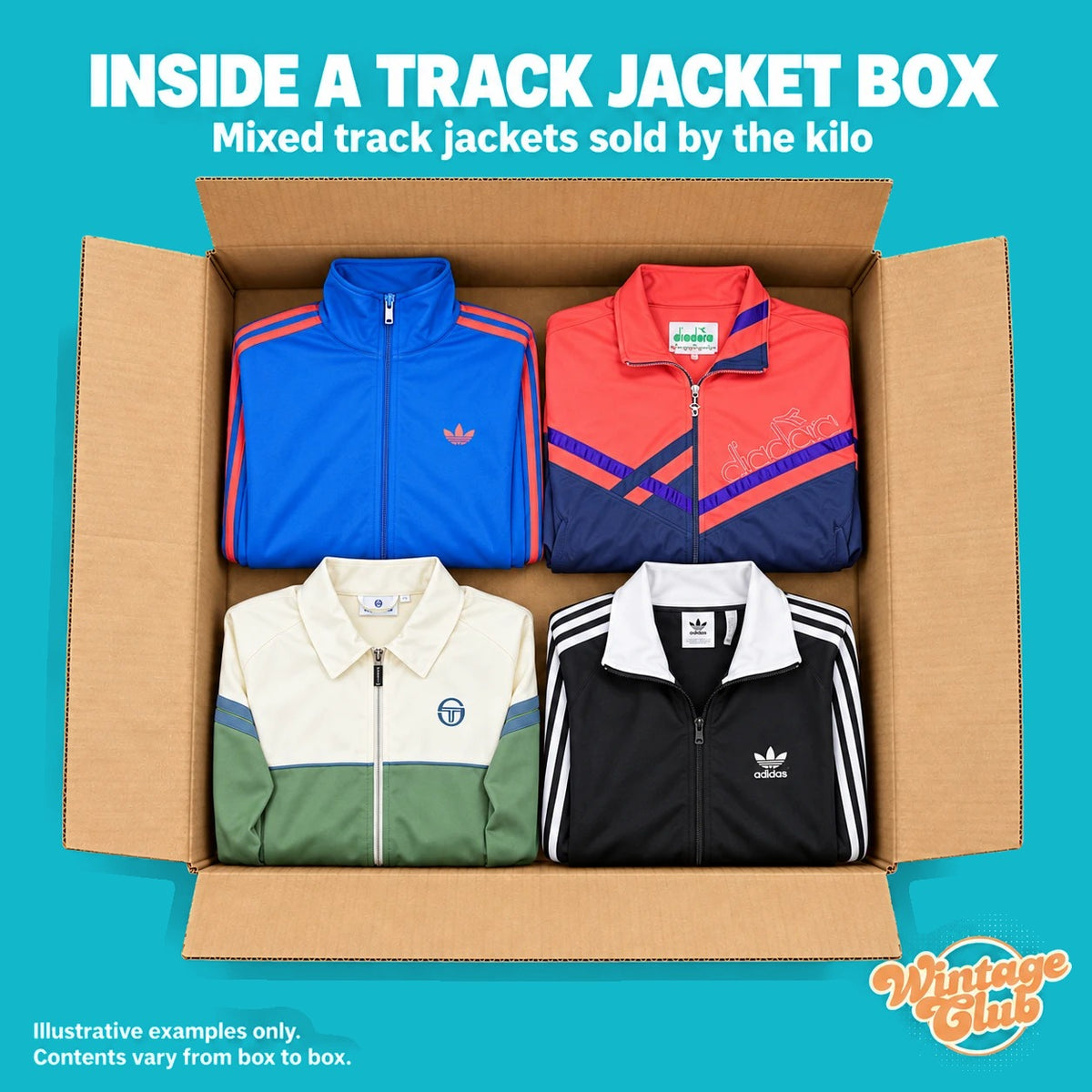 Dentro una KiloBox Track Jacket — scatola aperta con giacche da tuta piegate (assortimento illustrativo)