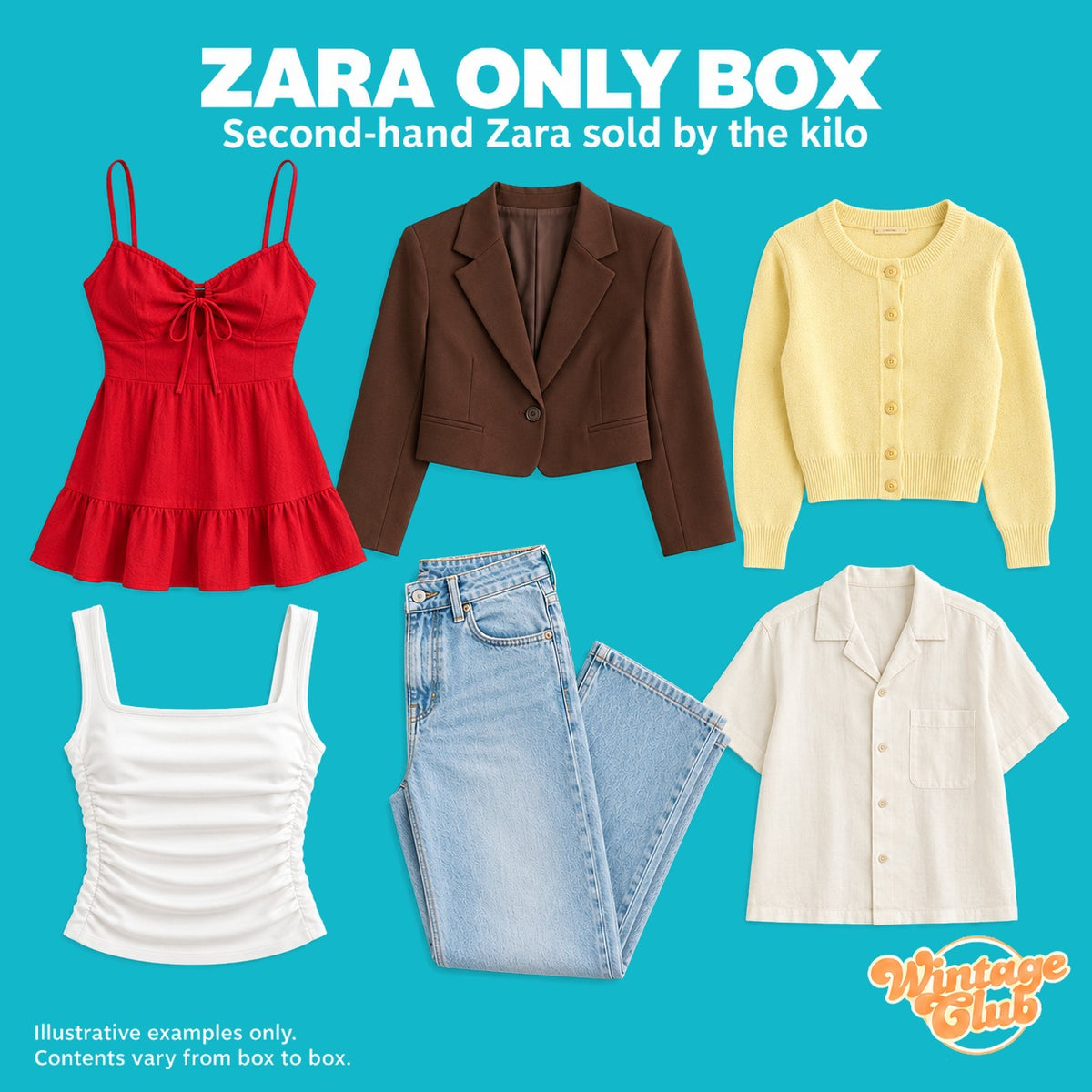 Box Solo Zara — esempio di assortimento misto donna e uomo, estate e inverno: vestito, blazer, cardigan, top, jeans e camicia