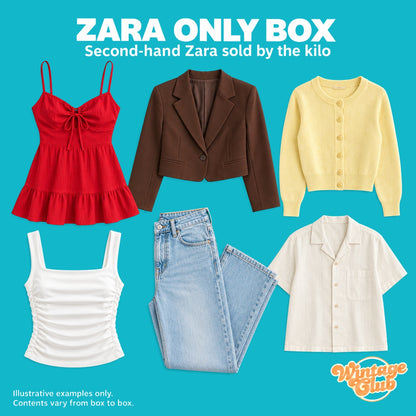 Box Solo Zara — esempio di assortimento misto donna e uomo, estate e inverno: vestito, blazer, cardigan, top, jeans e camicia