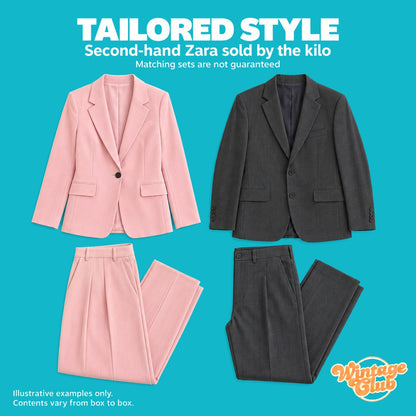Box Solo Zara — stile sartoriale: tailleur donna rosa e completo uomo grigio (coordinati non garantiti)
